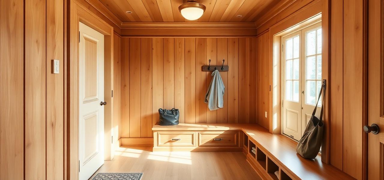 A warm craftsman mudroom with built-in bench and wood paneling
